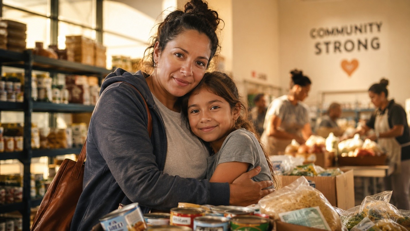 Mother and child hugging happily in a food donation center
